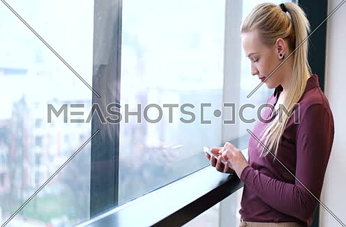 Elegant Blond Woman Using Mobile Phone by window in office building