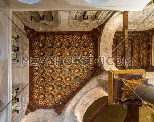 Ceiling of Mausoleum of Sultan Qalawun, Sultan Qalawun Complex, with golden floral pattern decorations, Moez Street, Gamalia district, Cairo, Egypt