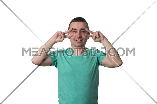 Young Man In Showing Victory Or Peace Sign - Isolated On White Background