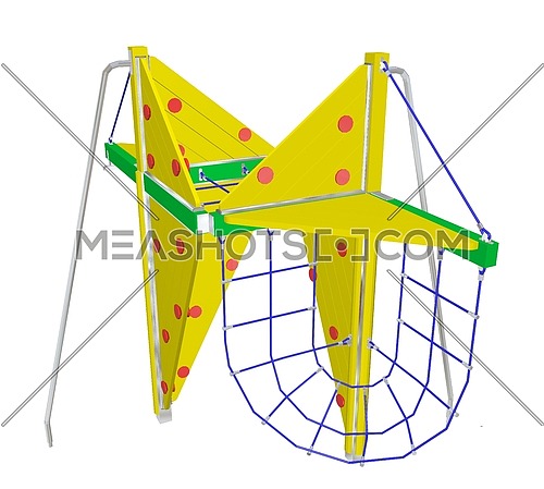 Play and climbing net, yellow and green, with red dots, 3D illustration, isolated against a white background.