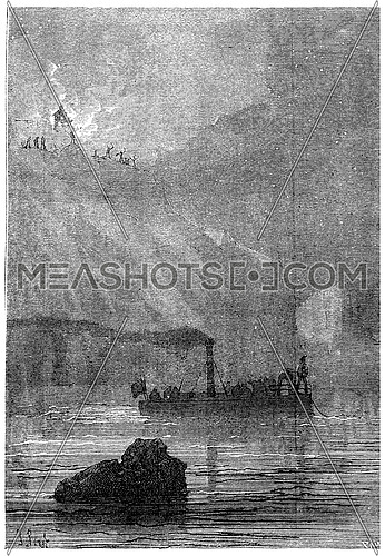 Soon the boat, vintage engraved illustration. Jules Verne 3 Russian and 3 English, 1872.