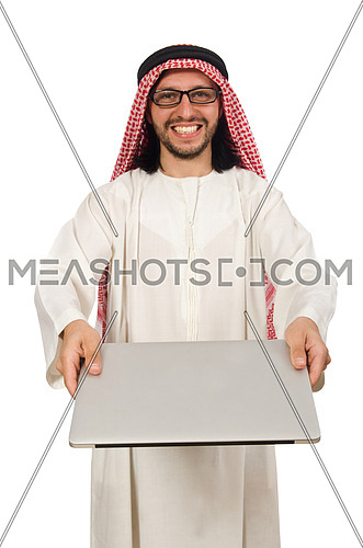 Arab man with laptop isolated on white