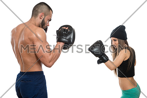 Young Muscular Couple In Gloves With A Naked Torso Boxing -  Isolated On White Background