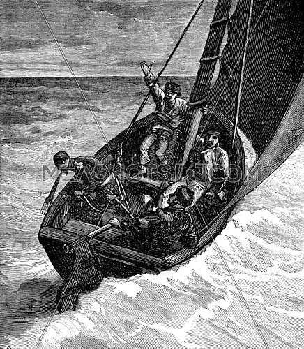 The Ship of prey. The good man was seasick, vintage engraved illustration. Journal des Voyage, Travel Journal, (1879-80).