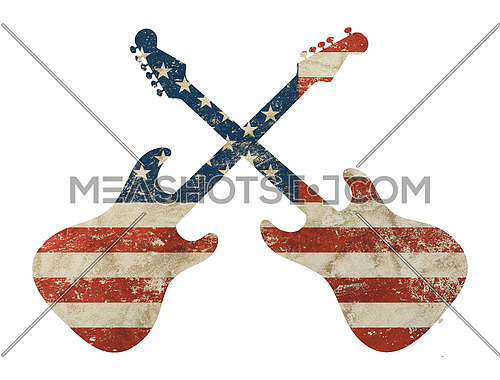 Two crossed guitars shaped old grunge vintage dirty faded shabby distressed American US national flag isolated on white background