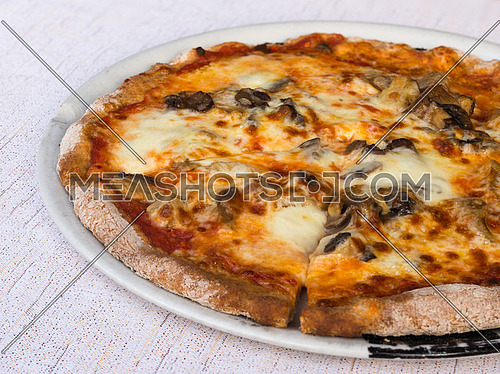 In the picture typical Italian pizza and slice cut out with tomato,mozzarella,cheese and mushrooms.