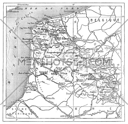 Map of Pas-de-calais, vintage engraved illustration. Dictionary of words and things - Larive and Fleury - 1895.