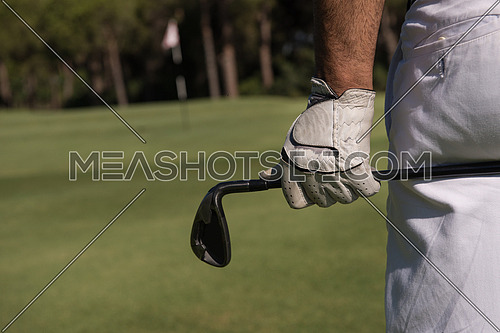 golf player hand and driver close up  from back with course in background  at beautiful sunny day