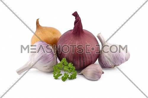 Different kind of onion, garlic bulbs and cloves, green parsley twig in close-up isolated on white background