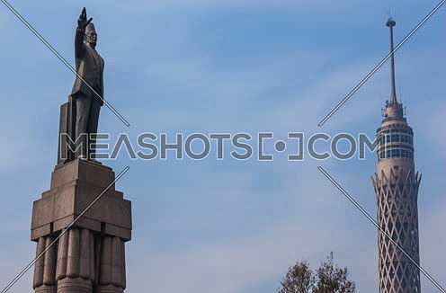 Zoom Out Shot for Cairo Tower and Saad Zagloul Statue at Day