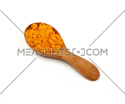 Close up one wooden scoop spoon full of yellow turmeric powder spice isolated on white background, high angle view