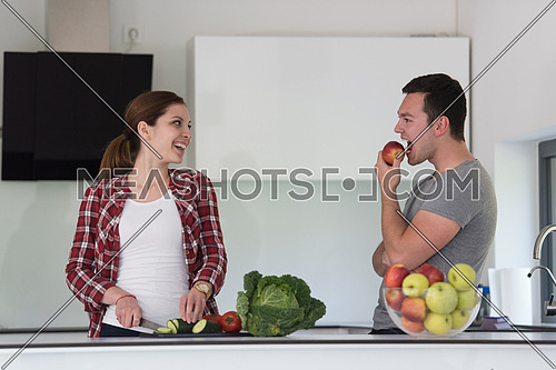 Young handsome couple in the kitchen  beautiful woman preparing a salad while the man eating an apple