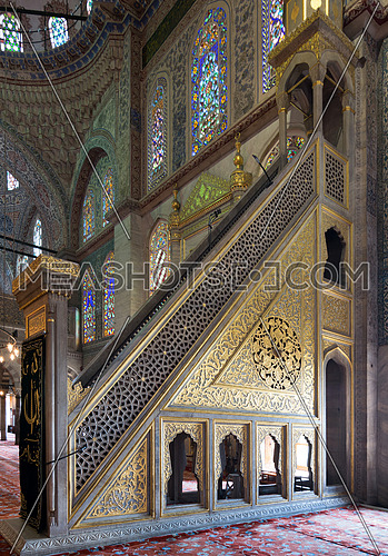 Marble golden floral ornate minbar (Platform), Sultan Ahmed Mosque (Blue Mosque), Istanbul, Turkey