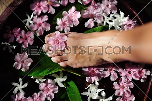 Closeup photo of a woman feet at spa salon on pedicure procedure. Legs care concept