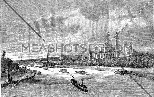 The Trocadero Palace seen from the bridge of Alma, vintage engraved illustration. Magasin Pittoresque 1878.