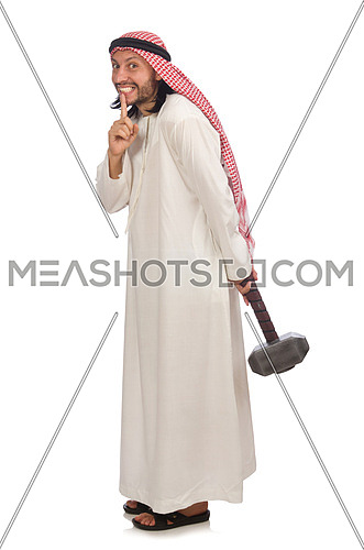 Angry arab man with hammer isolated on white