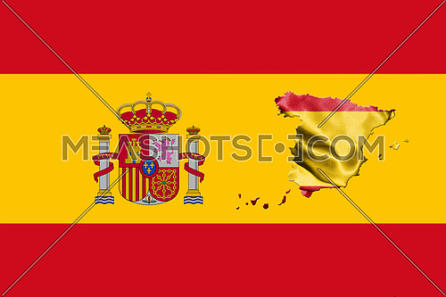 Spanish National Flag With Coat Of Arms and Map Of Spain 3D illustration