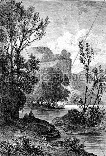 Shores of Teverone, Anio, vintage engraved illustration. Magasin Pittoresque 1873.