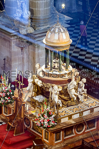 Jaen, Spain - may 2016, 2: High altar, center of the presbyterate, tabernacle bordered by four angels, the work of Pedro Arnal, custody made by Juan Ruiz, copy of the destroyed in the civil war, take in Jaen, Spain