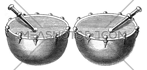 Timpani of war in 1536, vintage engraved illustration. Magasin Pittoresque 1869.