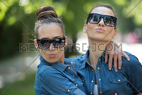 Young beautiful twin sister with sunglasses in identical wardrobe posing in a park on a sunny summer day
