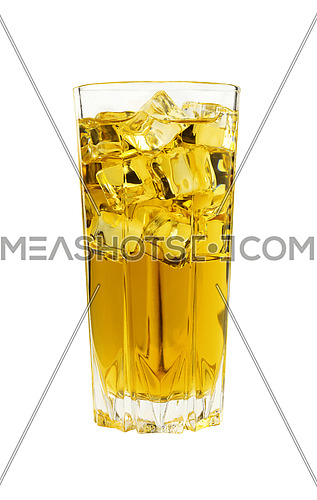 Close up one full high glass of cold iced green or herbal tea with transparent ice cubes, isolated on white background, low angle side view