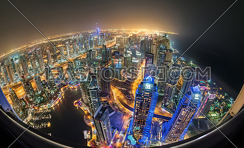 Dubai Marina Skyline From above with Fisheye planetary effect