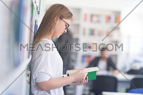 portrait of smart looking famale student girl  in collage school library reading book