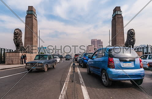 Zoom In medium Shot for Qasr Al Nile Bridge with the Lions at Day