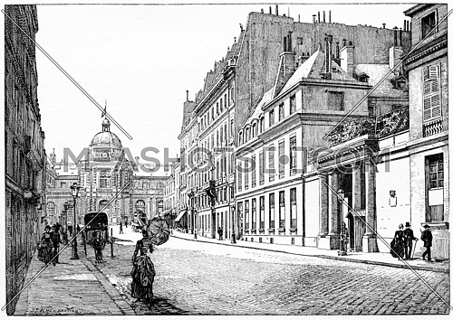 Rue de Tournon and facade of the Palace of the Senate, Barracks of the Republican Guard, vintage engraved illustration. Paris - Auguste VITU â 1890.