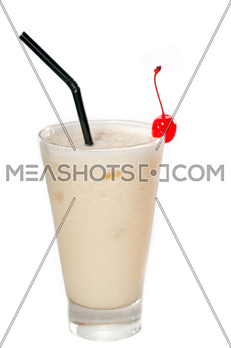 frozen banana daiquiri drink cocktail with red cherry and black straw isolated on white background