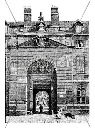 Entrance to the courtyard of the Mazarine Library at the Palace of the Institute of France in Paris, France. Vintage engraving.
