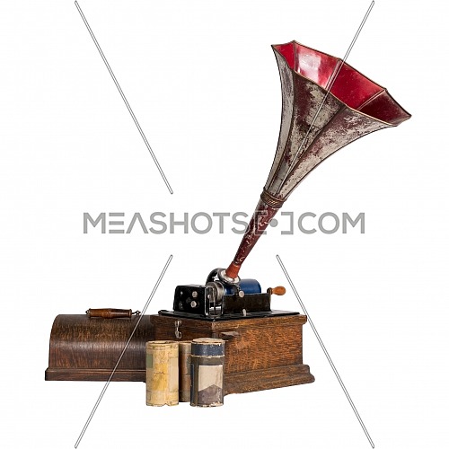 High angle cut out of 1911 old phonograph with three cylinder records, including clipping path, isolated on white
