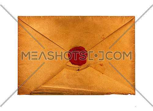Close up old vintage weathered brown paper blank mailing envelope with retro styled red wax seal, elevated top view, directly above