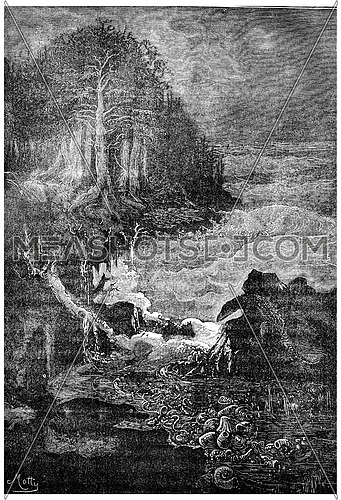 Scene of the Triassic era (period conchylienne), Chirotherium and nothosaur, vintage engraved illustration. Earth before man â 1886.