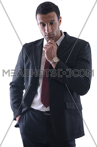 Portrait of happy smiling young arab business man isolated on white background