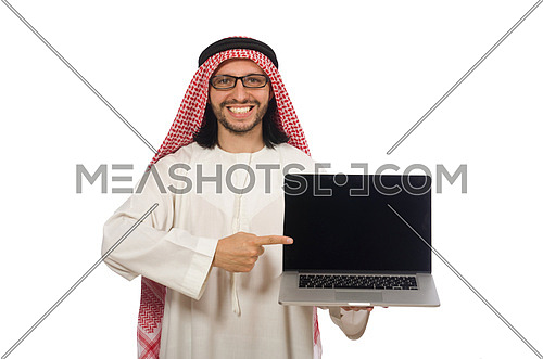 Arab man with laptop isolated on white