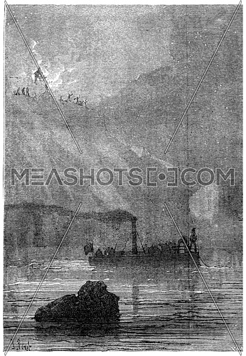 Soon the boat, vintage engraved illustration. Jules Verne 3 Russian and 3 English, 1872.