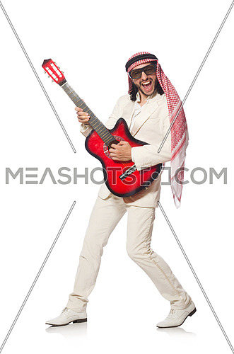 Arab man with guitar on white