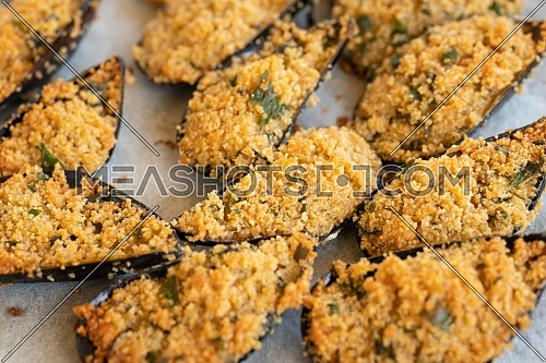 Mussels au Gratin Baked isolated on white background