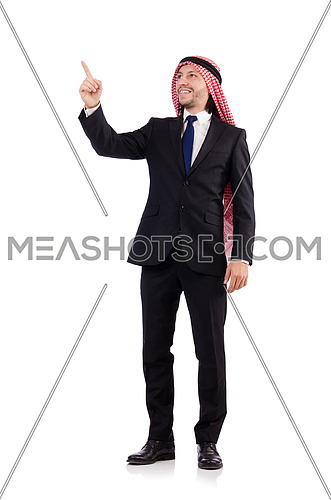 Arab man pressing virtual obstacle isolated on white