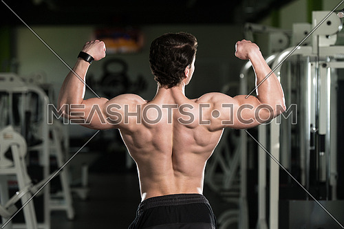 Young Man Standing Strong In The Gym And Flexing Rear Double Biceps Pose - Muscular Athletic Bodybuilder Fitness Model Posing Exercises