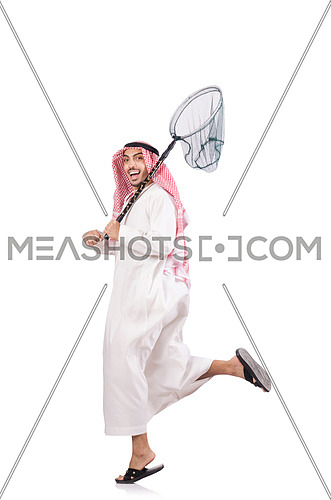 Arab businessman with catching net on white