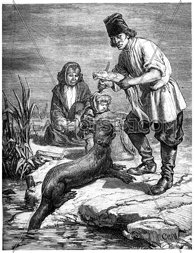 Hunting and fisheries in the North America and the Alaska territory, vintage engraved illustration. Journal des Voyage, Travel Journal, (1880-81).