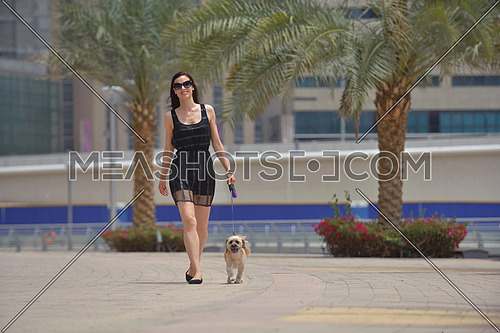 beautiful happy young  woman in black dress with cute small dog puppy have fun on street