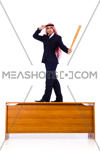 Arab businessman hitting with baseball bat