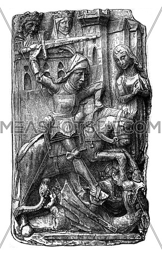 Saint George slaying the dragon, bas-relief of the Saint-Ouen church in Pont-Audemer, vintage engraved illustration. Magasin Pittoresque 1878.