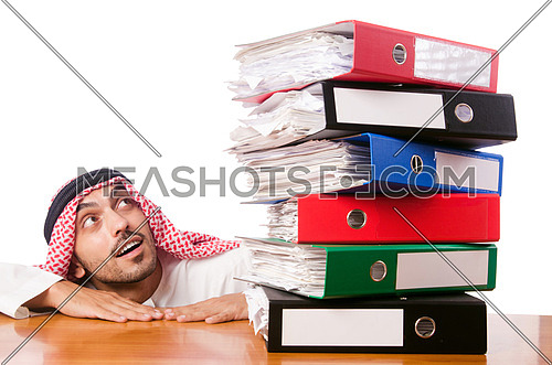 Arab businessman with many folders on white