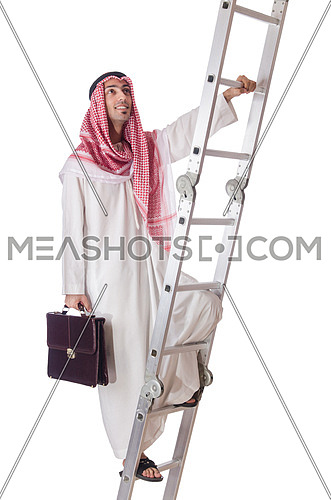 Arab businessman climbing the stairs on white