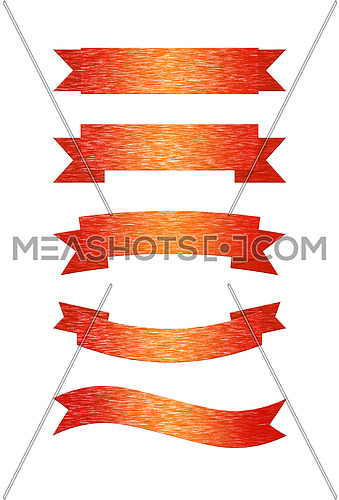 Set of five different red brushed metal ribbon banners isolated on white background